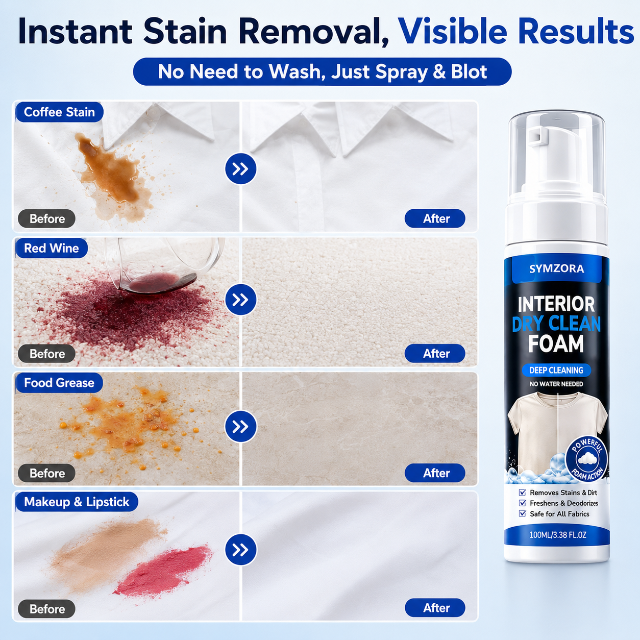 Symzora™ Instant Fabric Stain Remover Spray — Fast, Gentle, and Wash-Free Application