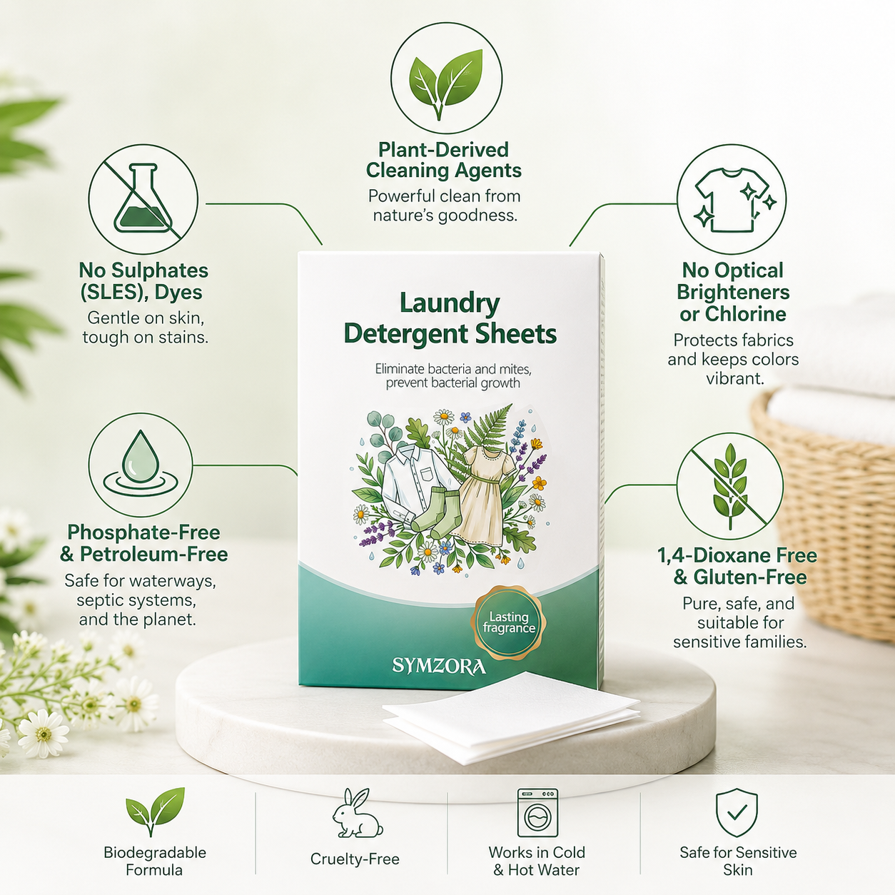 SYMZORA Wildflower Laundry Sheets – Eco-Friendly, Gentle Clean for Sensitive Skin